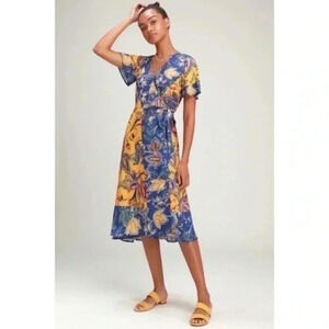 Lulus Atlantis Blue and Yellow Print Wrap Midi Dress XS